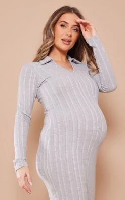 Maternité Robe De Grossesse Longue Côtelée Gris Clair à Col -Logic || Diamond || Zero Soldes Boutique dac8261876522e53110f2af491cd29d1ca13e13c cnd3129 4