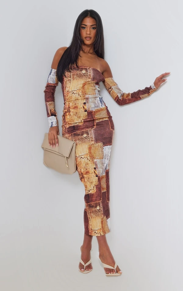 Tall Robe Mi-longue Marron à Imprimé Jean Et épaules Dénudées 5 Tall Robe Mi-longue Marron à Imprimé Jean Et épaules Dénudées – Image 3