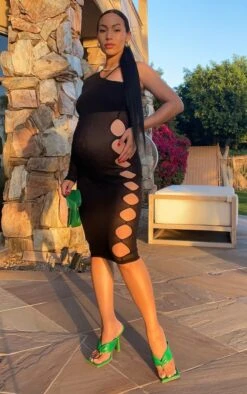 Maternité Robe De Grossesse Mi-longue En Maille Tricot Noire Transparente à Manche Unique