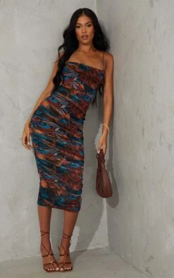 Tall Robe Mi-longue Froncée En Mesh Imprimé Marbre Marron