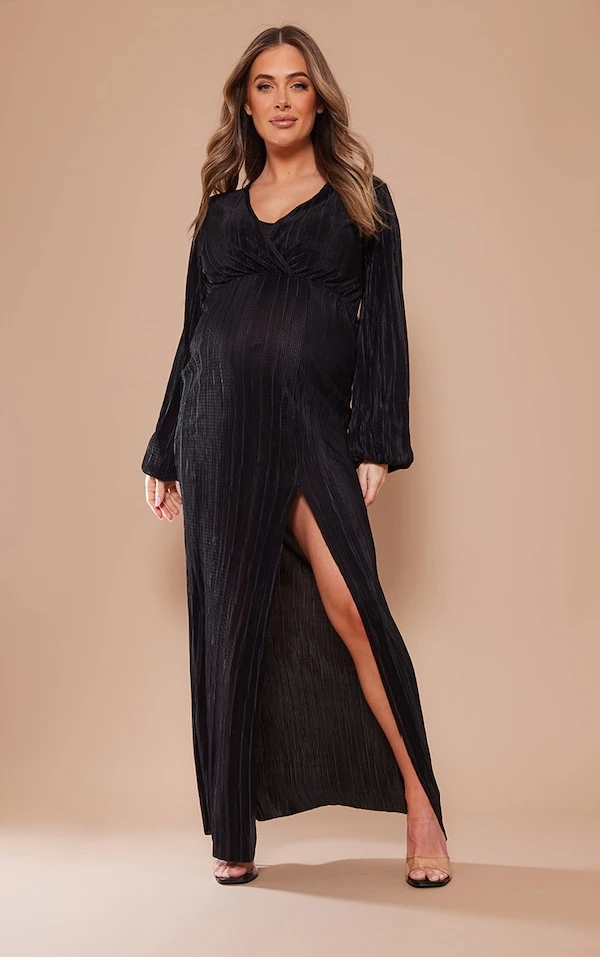 Maternité Robe De Grossesse Longue Plissée Noire à Fente 5 Maternité Robe De Grossesse Longue Plissée Noire à Fente – Image 3