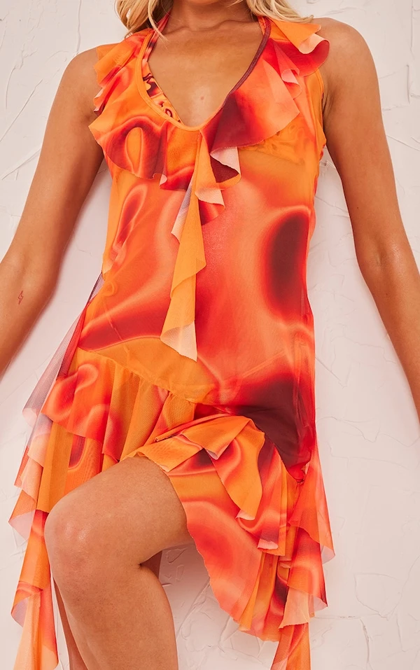 Robe De Plage Orange Imprimé Flammes à Dos Nu Et Volants 6 Robe De Plage Orange Imprimé Flammes à Dos Nu Et Volants – Image 4