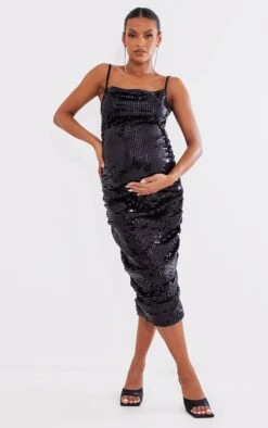 Maternité Robe De Grossesse Noire à Sequins Et Col Bénitier