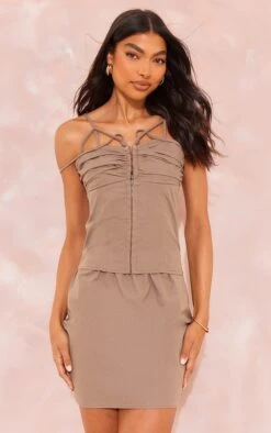 Tall Mini-robe Effet Lin Taupe Style Corset